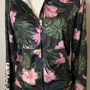 Hurley UPF 50 soft Palm leaf Floral zip up Bomber Jacket w/ pockets & hood XS